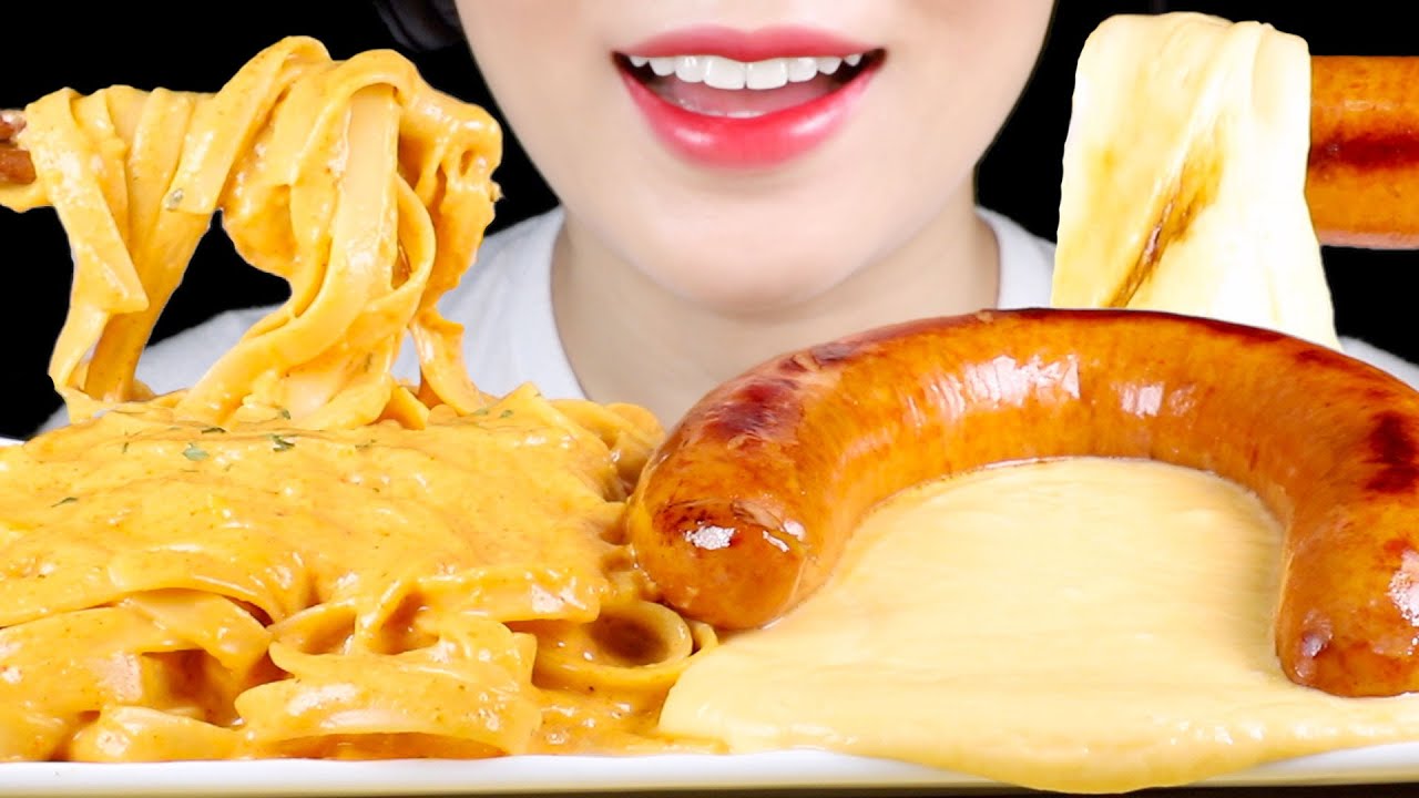 ASMR Creamy Fettuccine Rose Pasta and Kielbasa Sausage with Cheese | Eating Sounds Mukbang