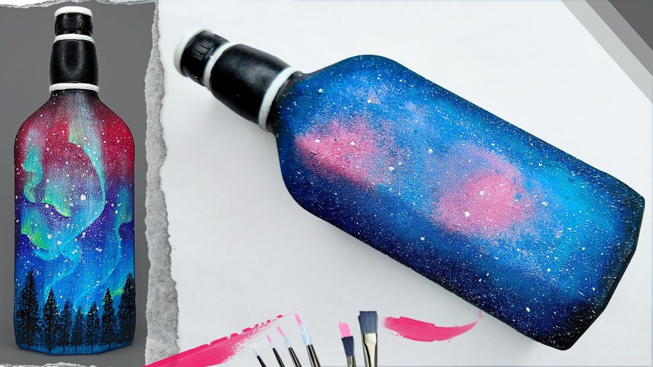 Galaxy Bottle painting | Easy Bottle Art | Milky way & Northern Lights on Bottle | Colorful Bottle