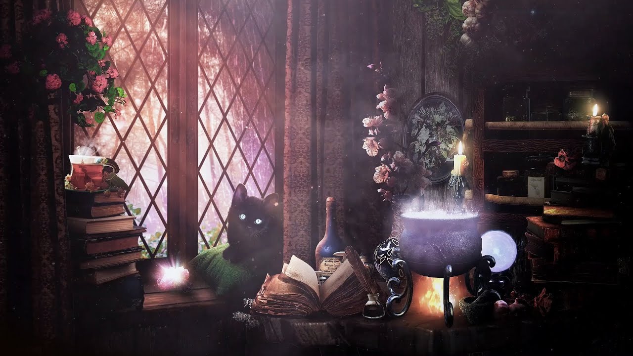 🌺🌿 ENCHANTING WITCHY SPRING AMBIENCE | Books, Herbs, Cauldron Bubbling + Soft Rain | WitchCore ASMR