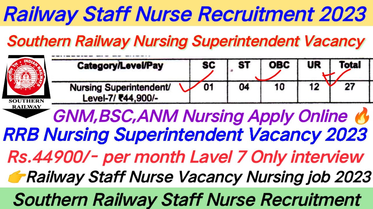Railway Staff Nurse Vacancy 2023,Southern Railway Nursing Superintendent Vacancy,RRB Staff Nurse Job