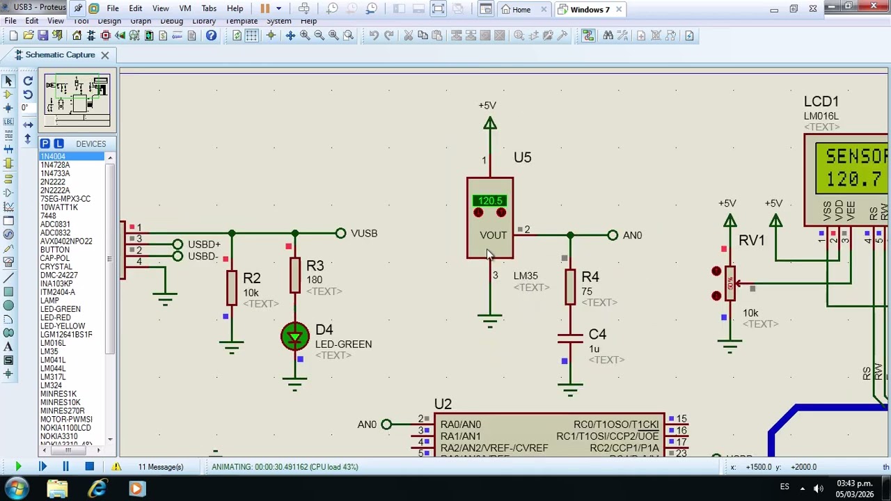 PIC18 USB Termómetro Digital con sensor LM35 comunicando con NI Labview