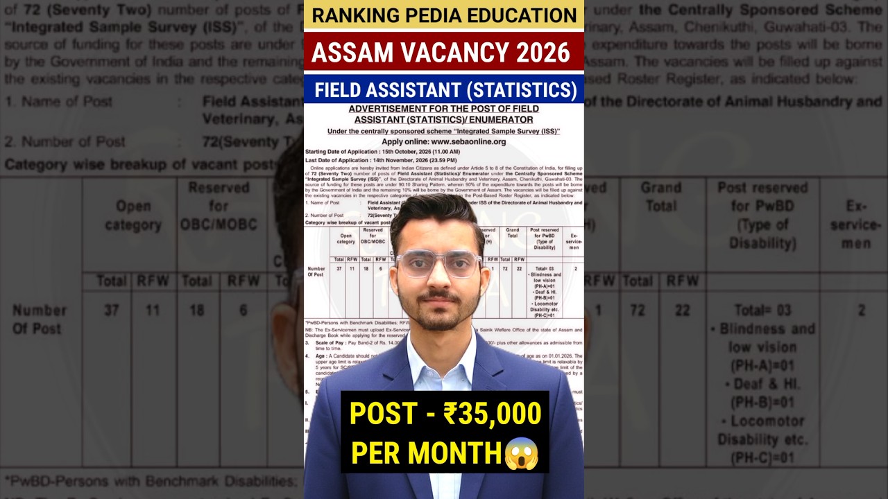 SLRC Assam Recruitment 2026 | Field Assistant (Statistics) Vacancy, Eligibility, Salary #assam #job