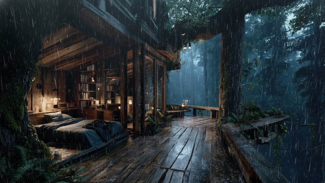 Instant Calm | Rain Sounds on Glass Window Inside Forest Cabin at Night