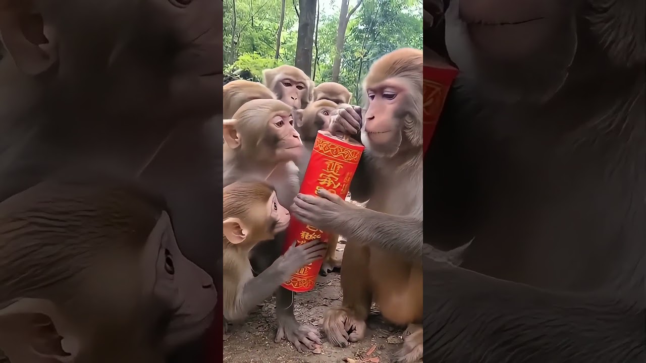 Baby Monkey Shows Off Lit Mega-Firecracker&mdash;Troop Surrounds, BOOM! Black-Faced Stampede! #funny #搞笑