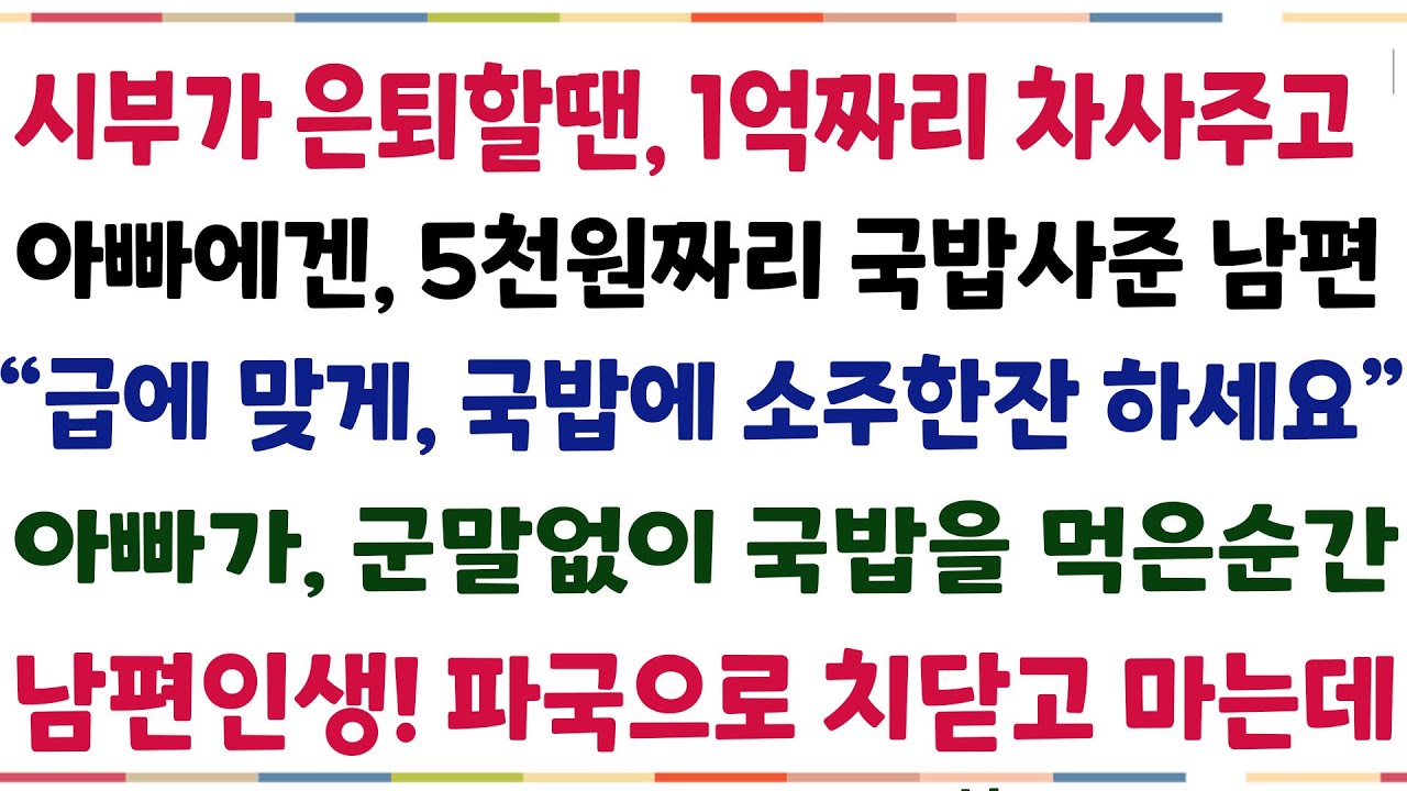 (반전신청사연)시부가 회사 은퇴할땐 1억짜리 차사주고,아빠 은퇴할땐 5천원 국밥사준 남편 