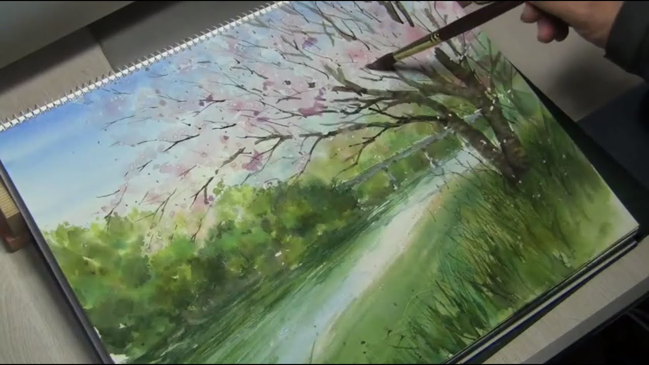 水彩画制作過程.12（桜と川原を描く）ムッチーWATERCOLOR PROCESS-12