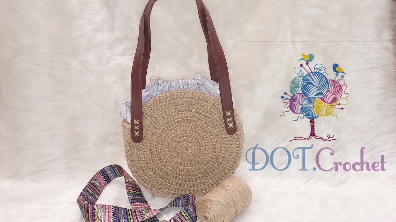 شنطه مدوره بخيط الخيش للصيف/ شرح لكل المقاسات / شرح للبطانه وتركيب البوري How to crochet summer bag