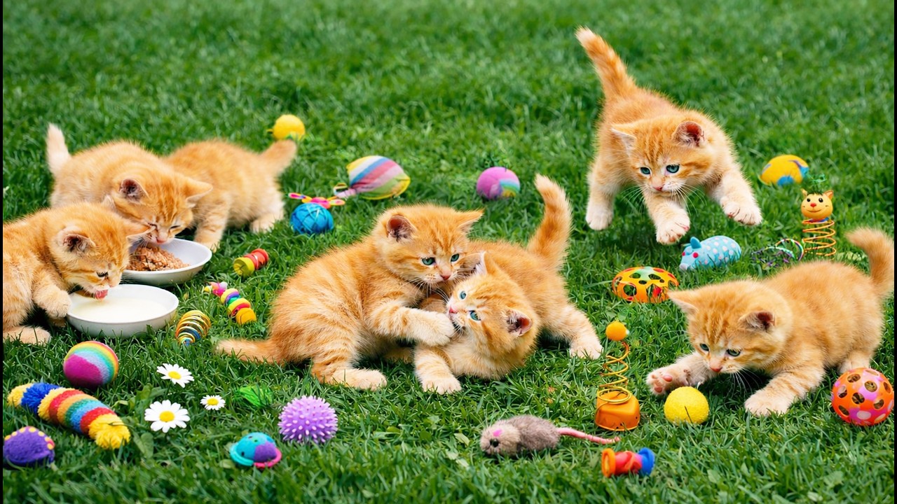 🐱 💛 Playful Little Kittens Running, Eating & Playing with Toys on the Grass