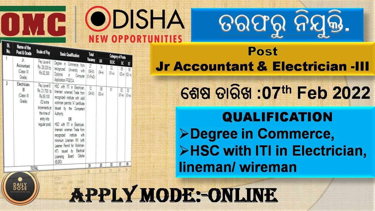 Odisha Mining Corporation Ltd. (OMC) Recruitment 2022 || Jr Accountant & Electrician -III.
