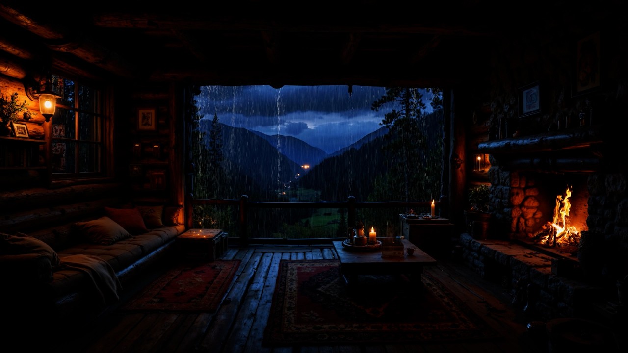 Midnight Rain by the Lake with Crackling Fire (No Ads)😴🔥 Rain Sounds for Sleep & Stress Relief
