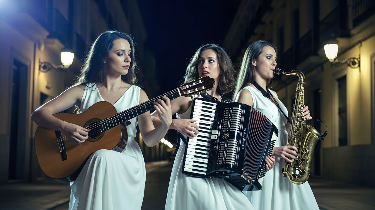 Joyful Classic Guitar, Accordion & Saxophone in the City Night 🌙 Midnight Blue Spain