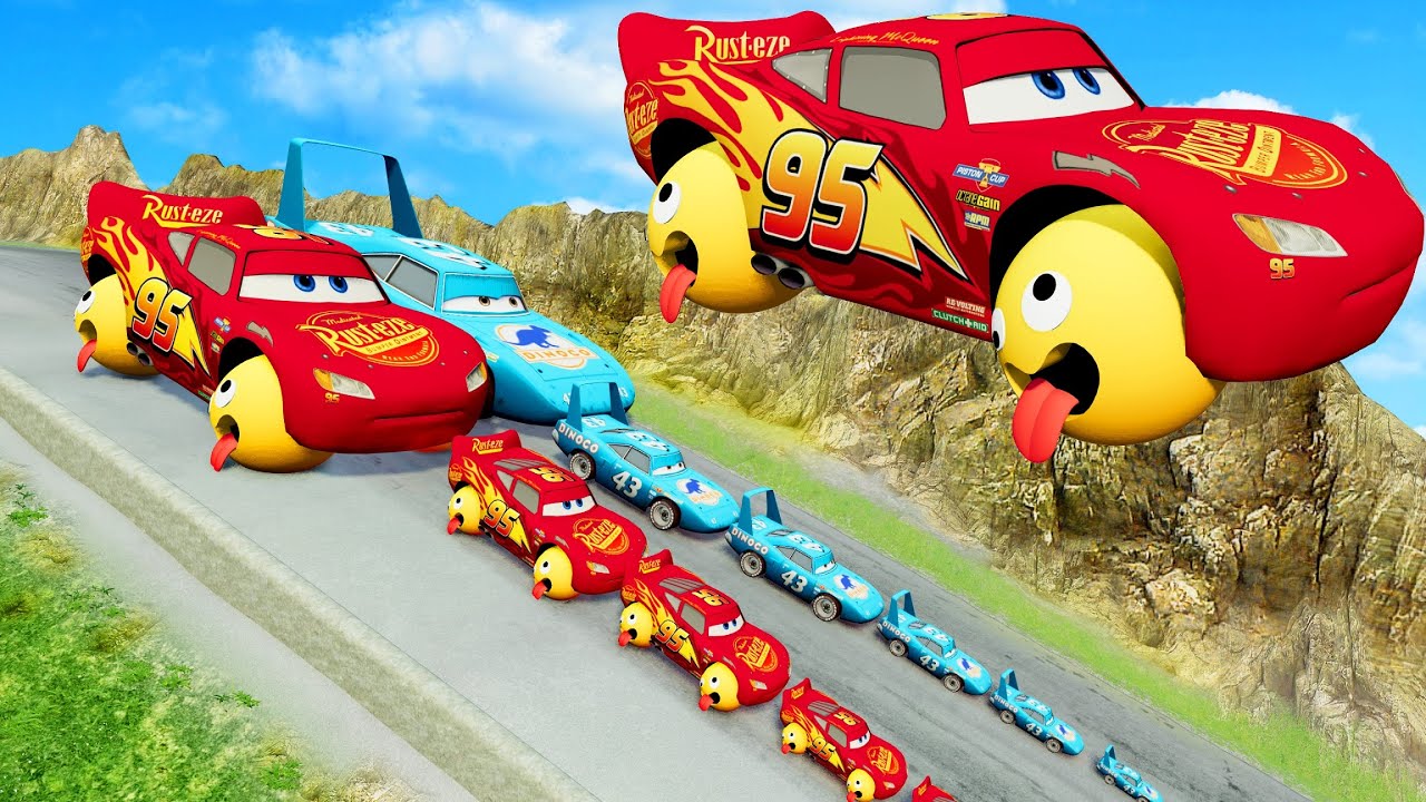 Big & Small McQueen With Emoji Wheel vs Big & Small King Dinoco vs DOWN OF DEATH BeamNG.drive