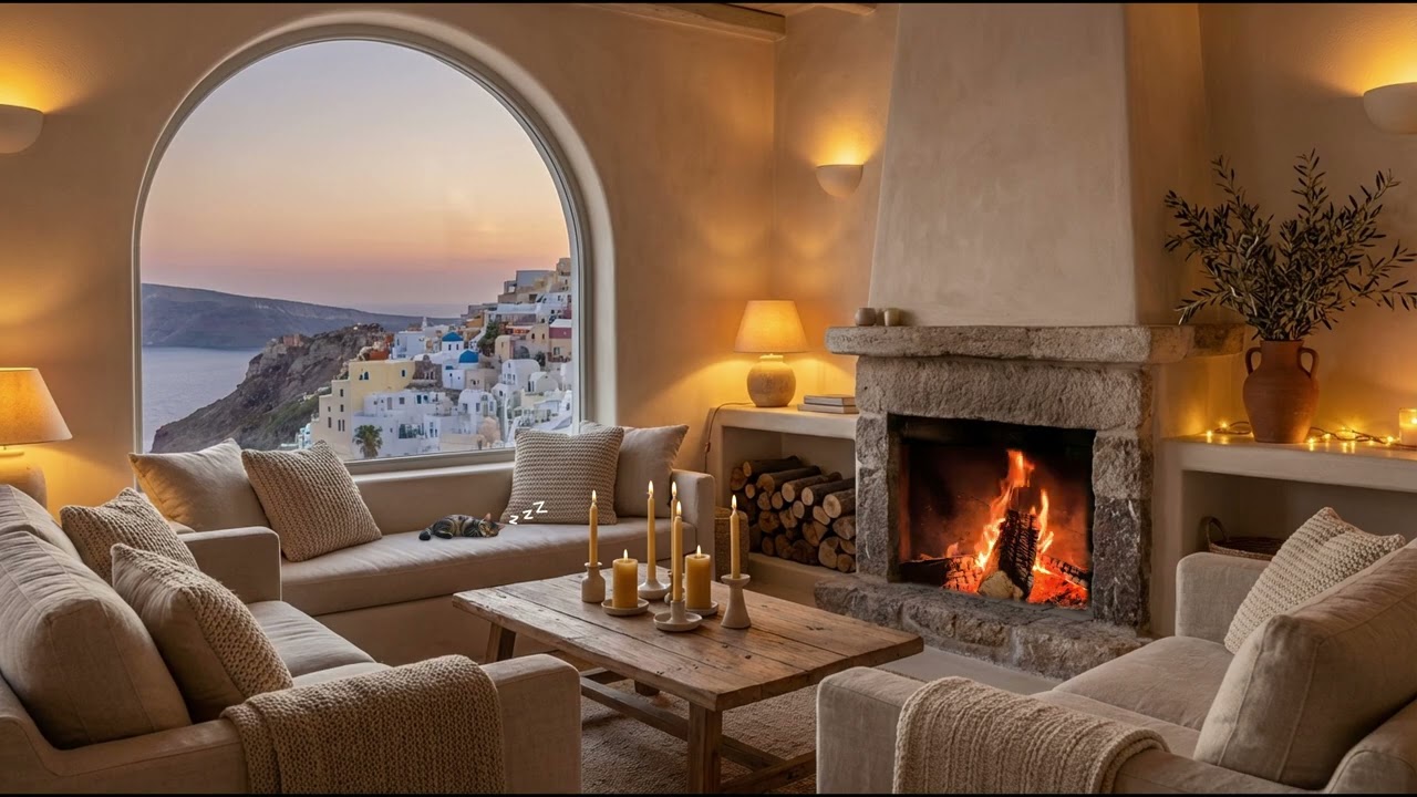 Santorini Sunset Fireplace Ambience 🔥 | 4K Cozy Greek Island Escape (Relax & Unwind)