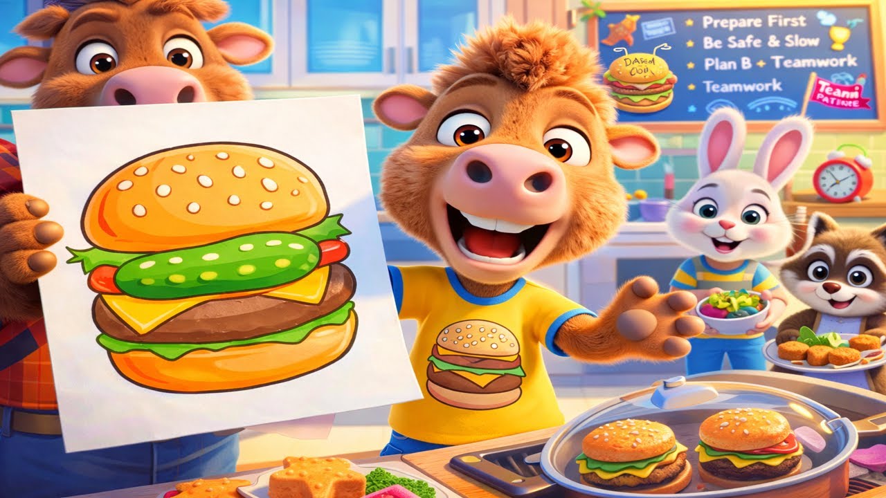 Bison Family Funtime Fun Burger Cooking 🍔 Daddy Bison Learns to Cook