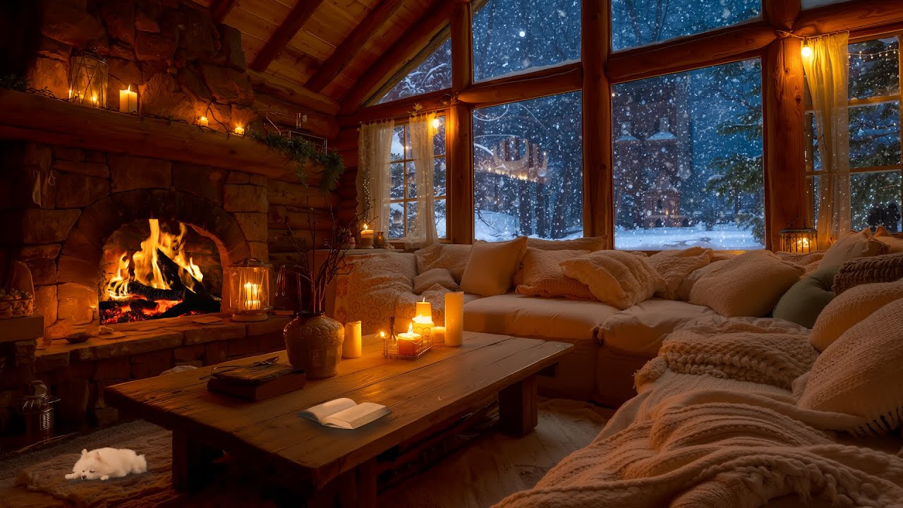 Calm Snowy Winter Night ❄️ Cozy Cabin Fireplace Ambience for Healing Sleep