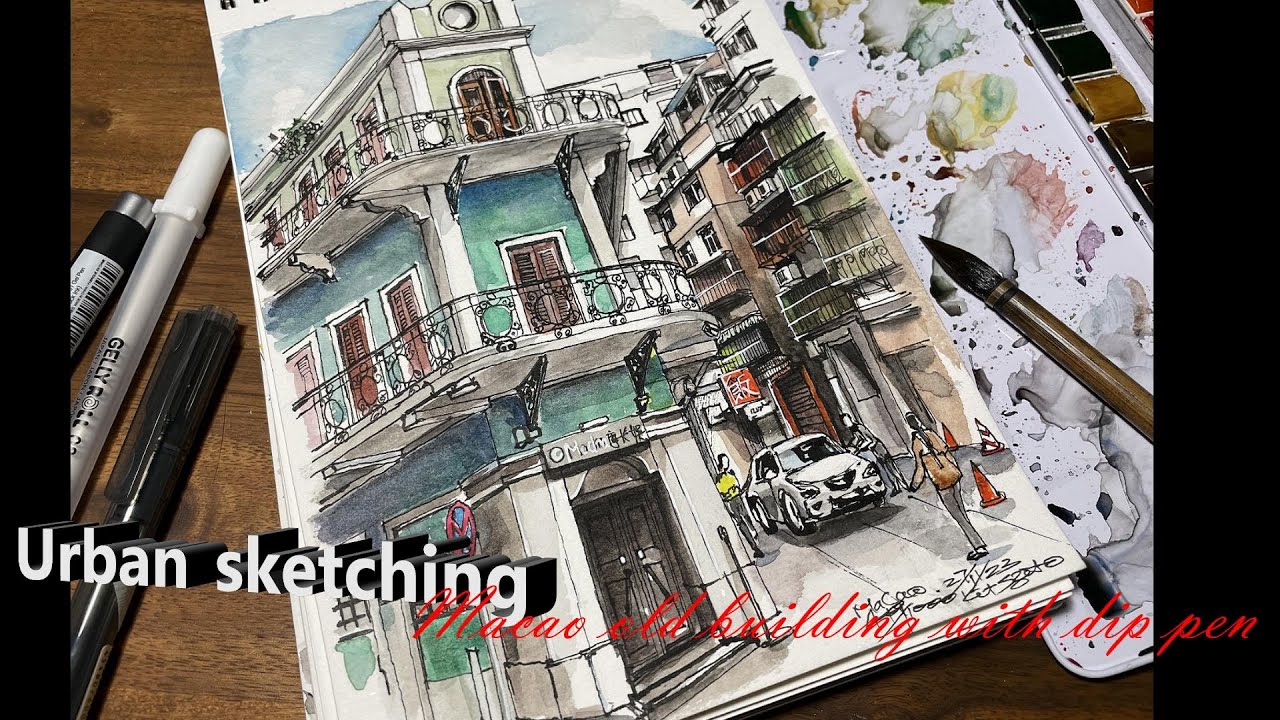 Urban sketching, dip pen drawing, simple water colour