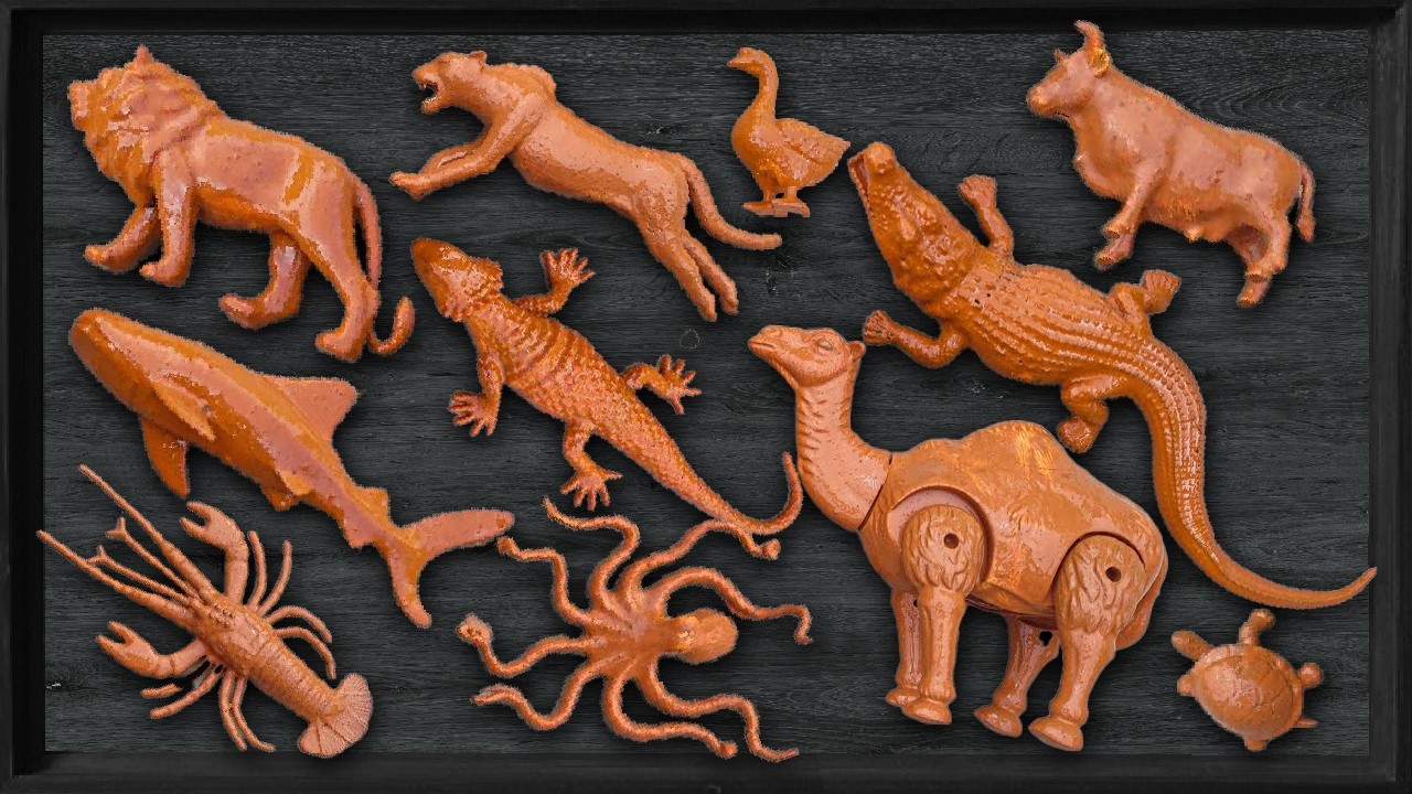 Membersihkan Mainan Hewan, Velociraptor, Stegosaurus, Triceratop, T-Rex, Pinguin, Panda, Ikan Hiu