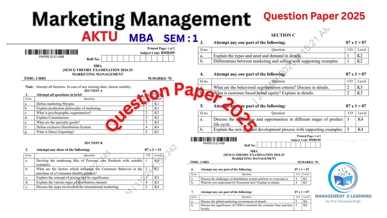 AKTU MBA Sem 1 Marketing Management Question Paper Solution 2025 | Important Answers & Revision