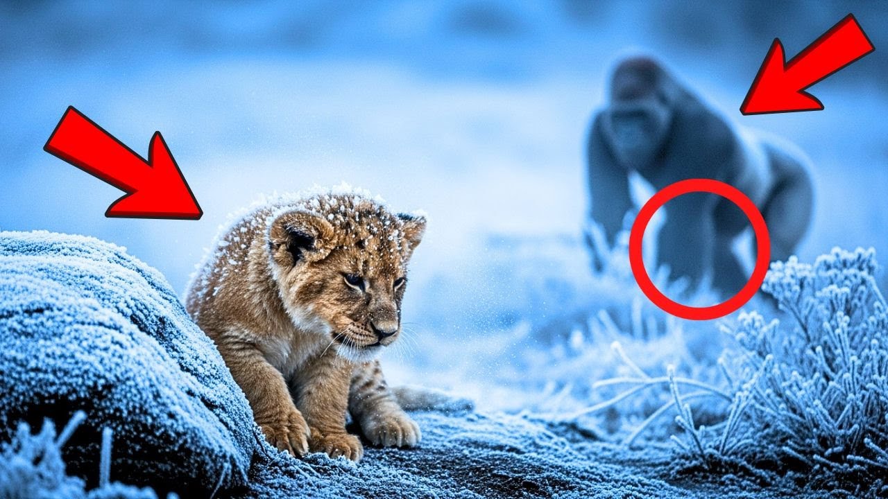 Un GORILA encontró a una cría de LEÓN congelándose… segundos después, algo IMPOSIBLE ocurrió