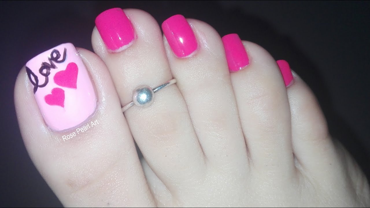 Cute Pink Hearts 💖and Love Pedicure Nail Art for Valentine’s Day-Toe Nail Designs | Rose Pearl