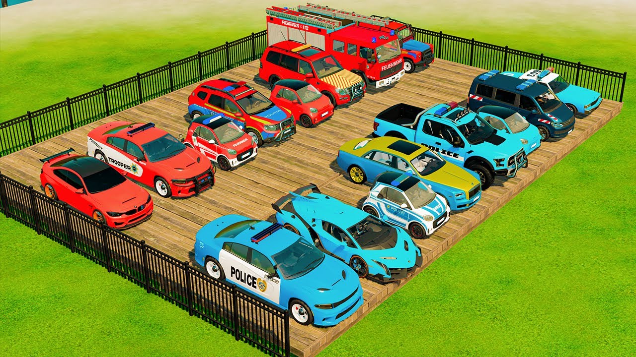 TRANSPORTING CARS, AMBULANCE, POLICE CARS, FIRE TRUCK OF COLORS! WITH TRUCKS! - FS 22