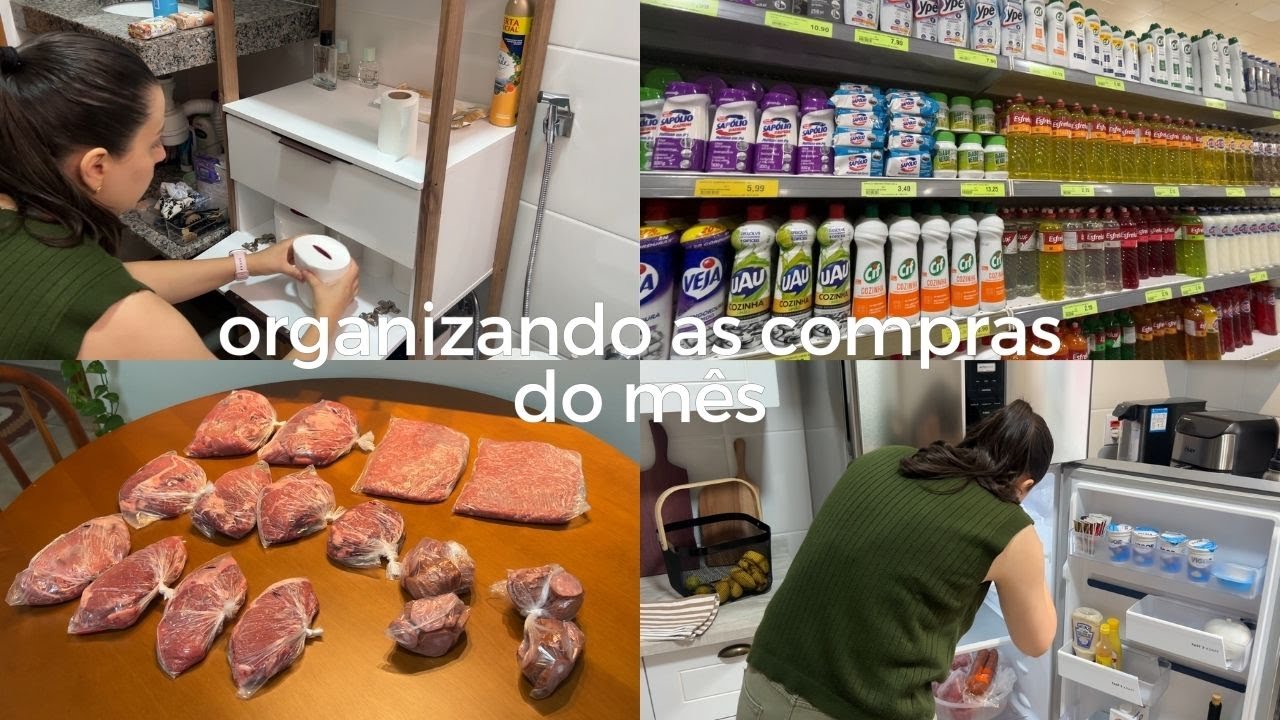 Compras do mês, organizando tudo nos armários e na geladeira, fracionando as carnes, rotina simples