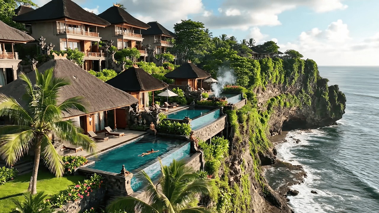 Tropical Cliffside Infinity Pool 🌴 Relaxing Piano Music | 2 Hour Luxury Resort Ambience