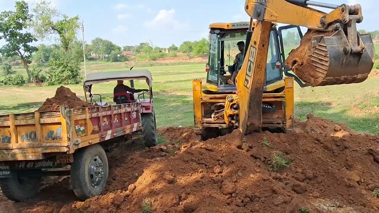 Jcb 3DX works for making field with three tractors 