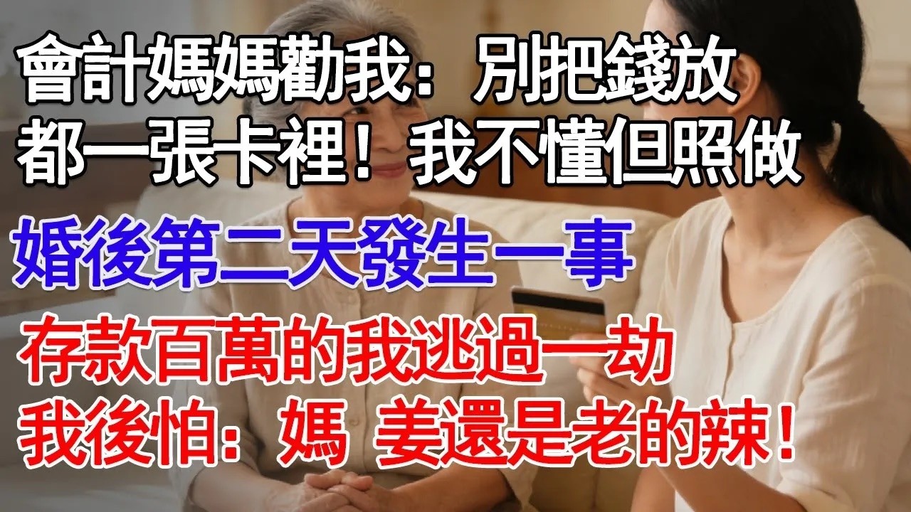 會計媽媽勸我：別把錢放都一張卡裡！我不懂但照做 婚後第二天發生一事 存款百萬的我逃過一劫我後怕：媽 姜還是老的辣！#故事分享 #人生感悟 #情感#為人處世