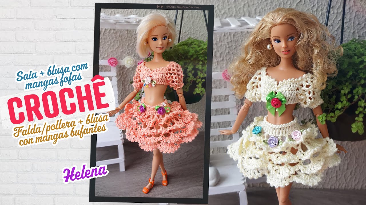 Saia com babados + blusa com mangas fofas em crochê para Barbie 🌸 Helena