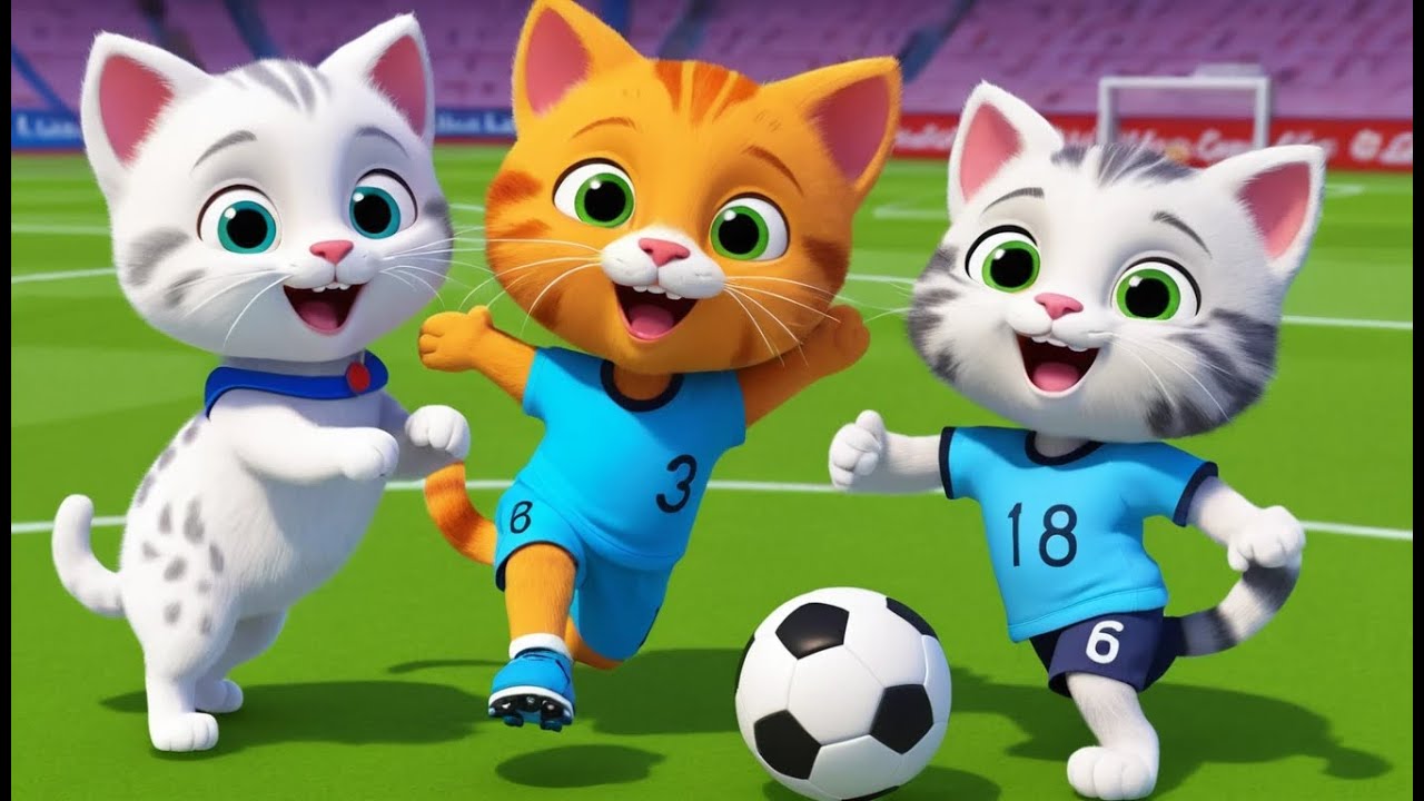 Три забавных котенка играют в футбол