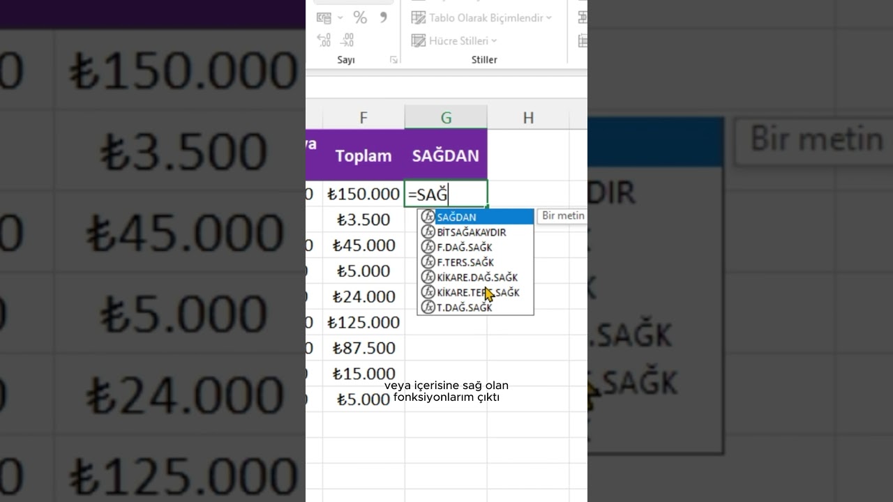 Excelde Sağdan Fonksiyonu