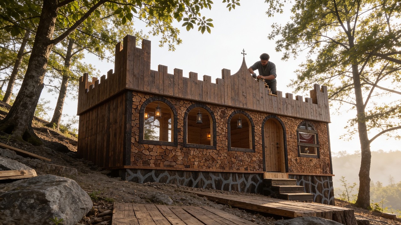 I Spent 14 Days Building a Stone and Wood Castle in the Deep Forest | Full Build