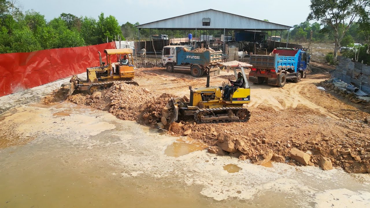 Excellent Skills Delete The Pond Processing By Bulldozer D31P & D21P Komatsu With 5T Trucks Team