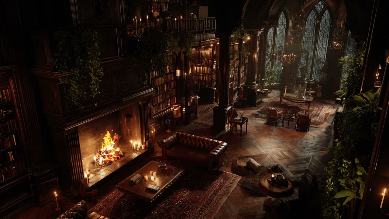 Midnight Rainfall & Cozy Castle Ambience - Rolling Thunder and Fireplace Glow for Calm Sleep & Focus