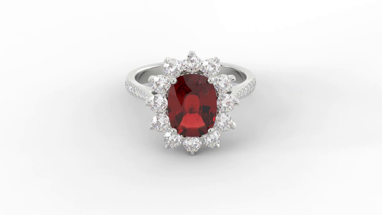 Royal oval ruby engagement ring with diamond entourage