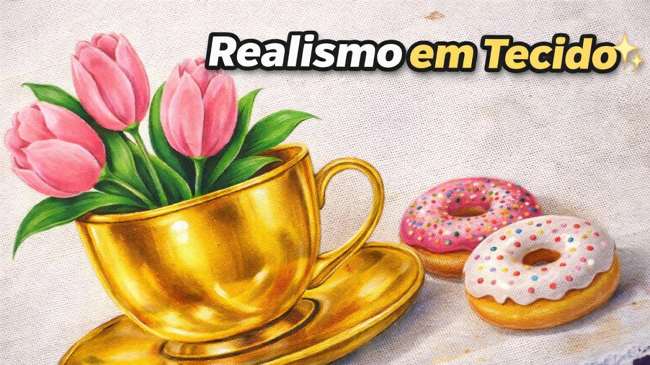 Como Pintar Dourado Realista ✨ Xícara com Tulipas e Donuts