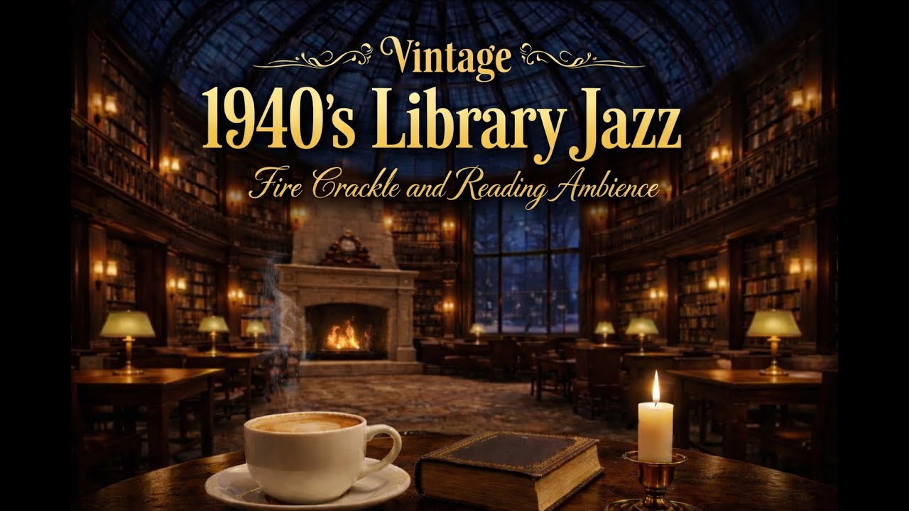 🕰️Vintage 1940’s Library Jazz 📚 Fireplace Crackle + Reading Ambience