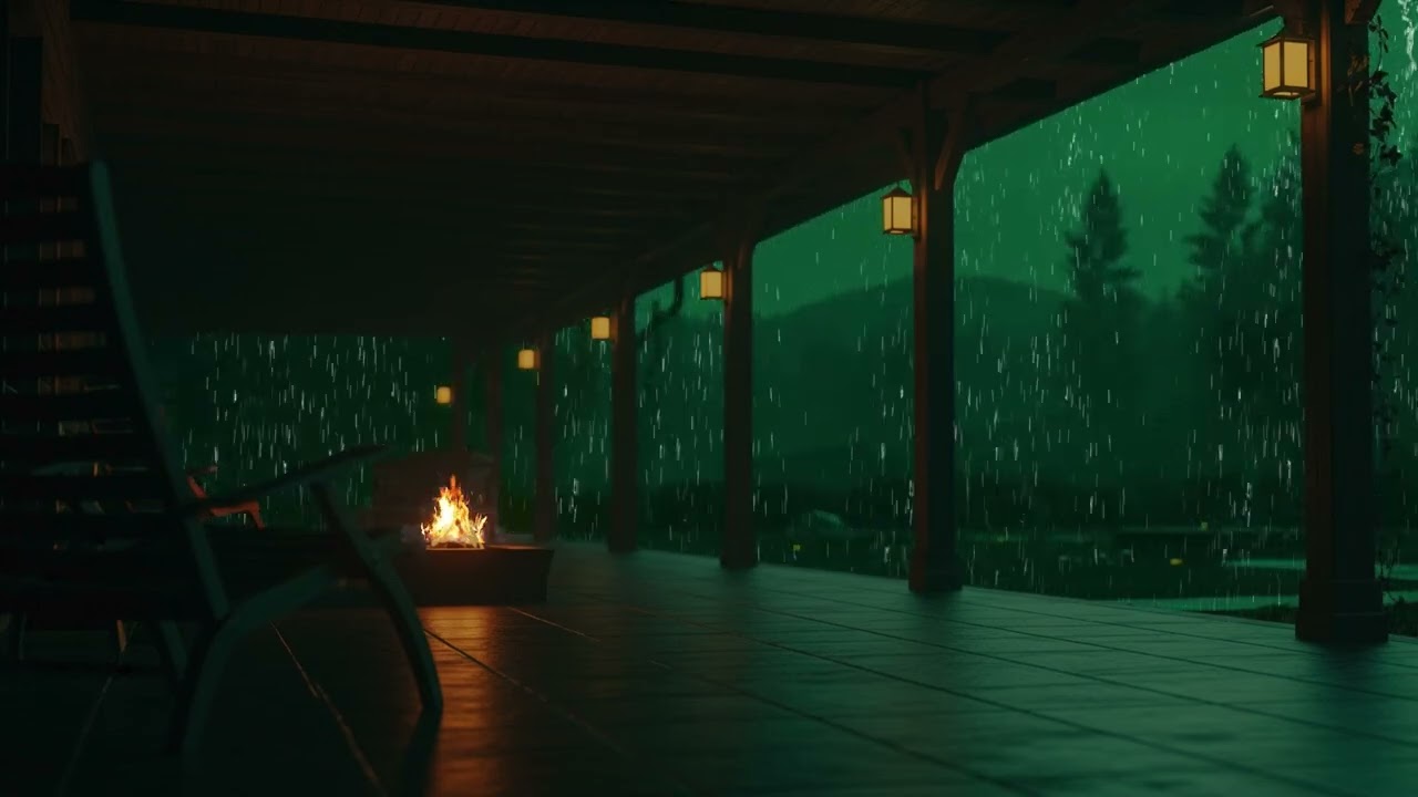 Heavy Rain on the Balcony with Fireplace Sounds for Calm Relaxation