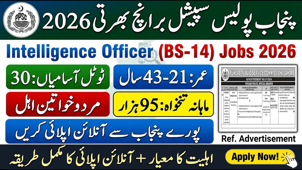 Punjab Police Special Branch Intelligence Officer BS-14 Jobs 2026 | How to Apply Online