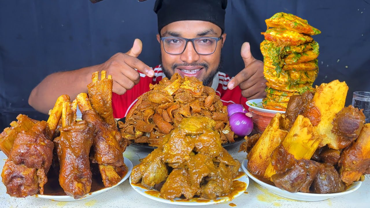 EATING SPICY MUTTON CURRY, CHICKEN LIVER CURRY, BUFFALO MEAT CURRY AND GOAT BOTI WITH RICE, mukbang