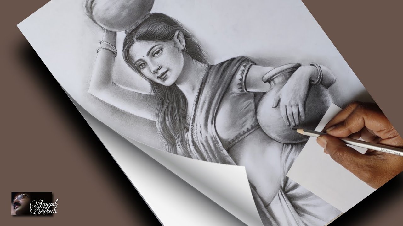 How to draw indian village woman/Beautiful village girl/pencil shading drawing/figure drawing/sketch