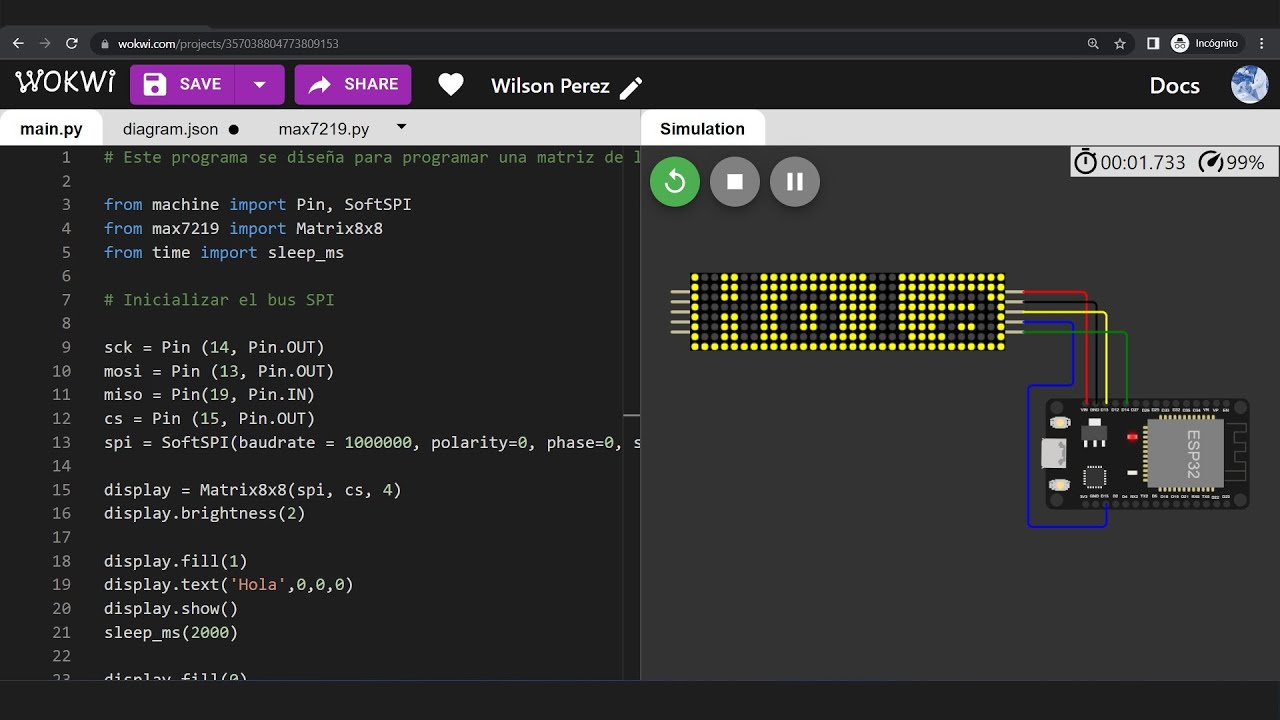 Montaje 27: Programado en un ESP32 en Python para Matrix7219