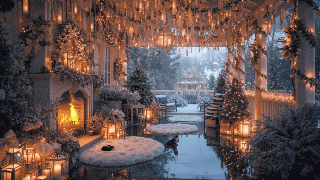 Christmas Porch Ambience | Relaxing Christmas Fireplace Fire Sounds | Whimsical Magical Christmas