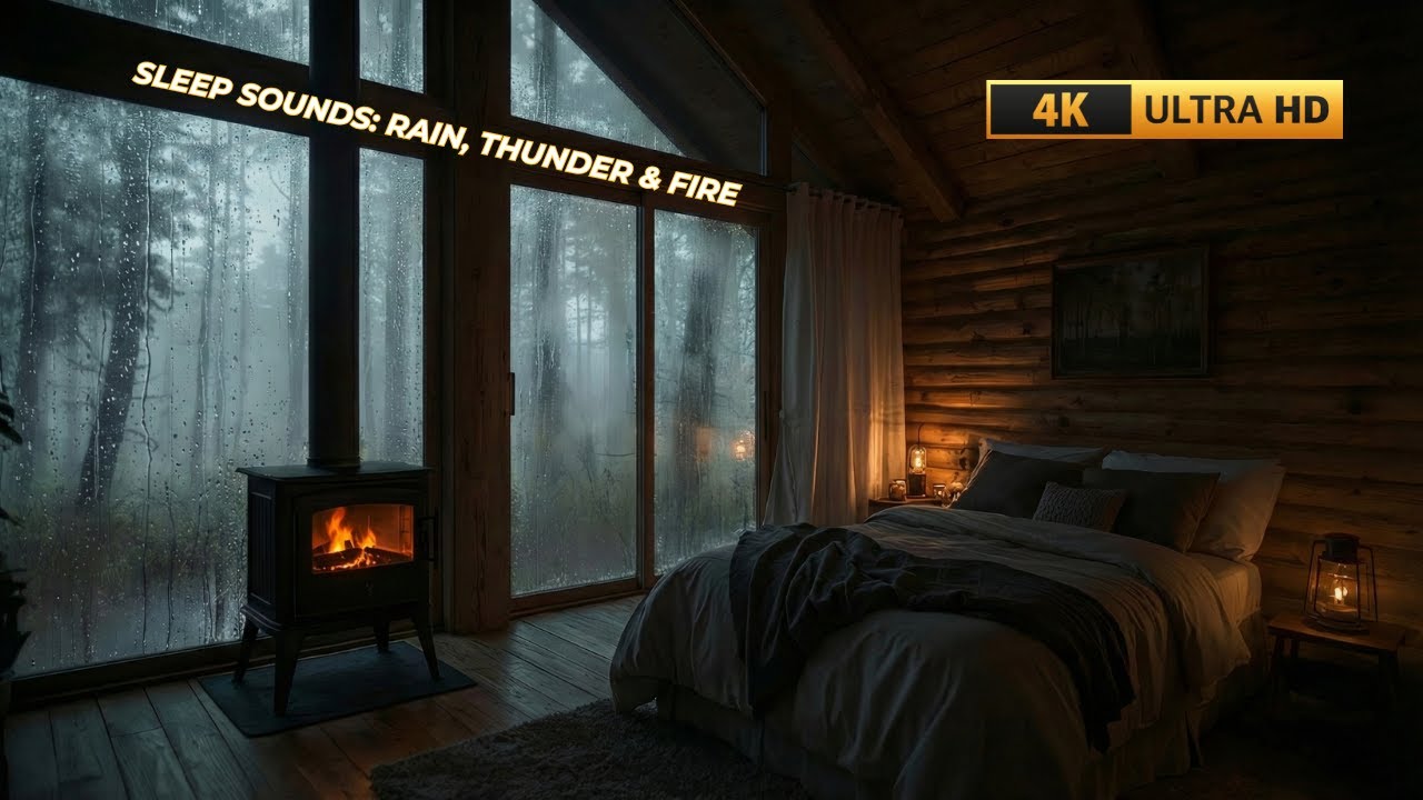 Heavy Rain & Thunderstorm Sounds for Sleeping ⛈️ Cozy Cabin Fireplace Ambience