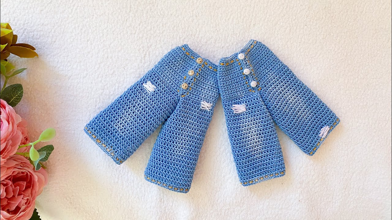 Crochet chic denim 👖for slim doll (small doll ) crochet tutorial ( doll outfit )
