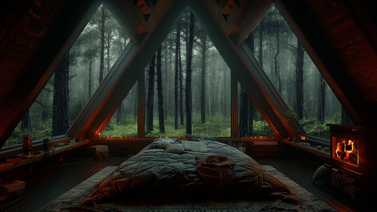 ASMR Pluie en Forêt dans une Cabane | Nuit Relaxante, Feu de Cheminée, Sommeil Profond 🎧