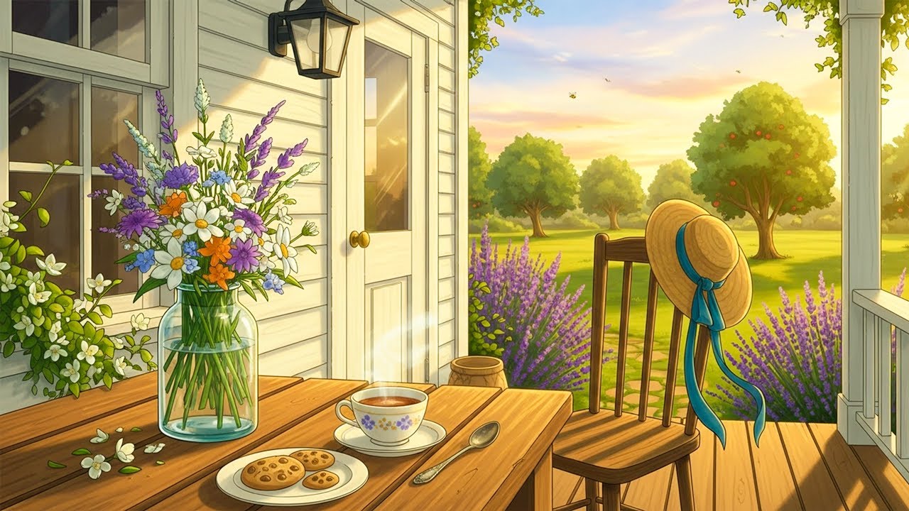 slow summer morning 1950s in the countryside with oldies playing in another room