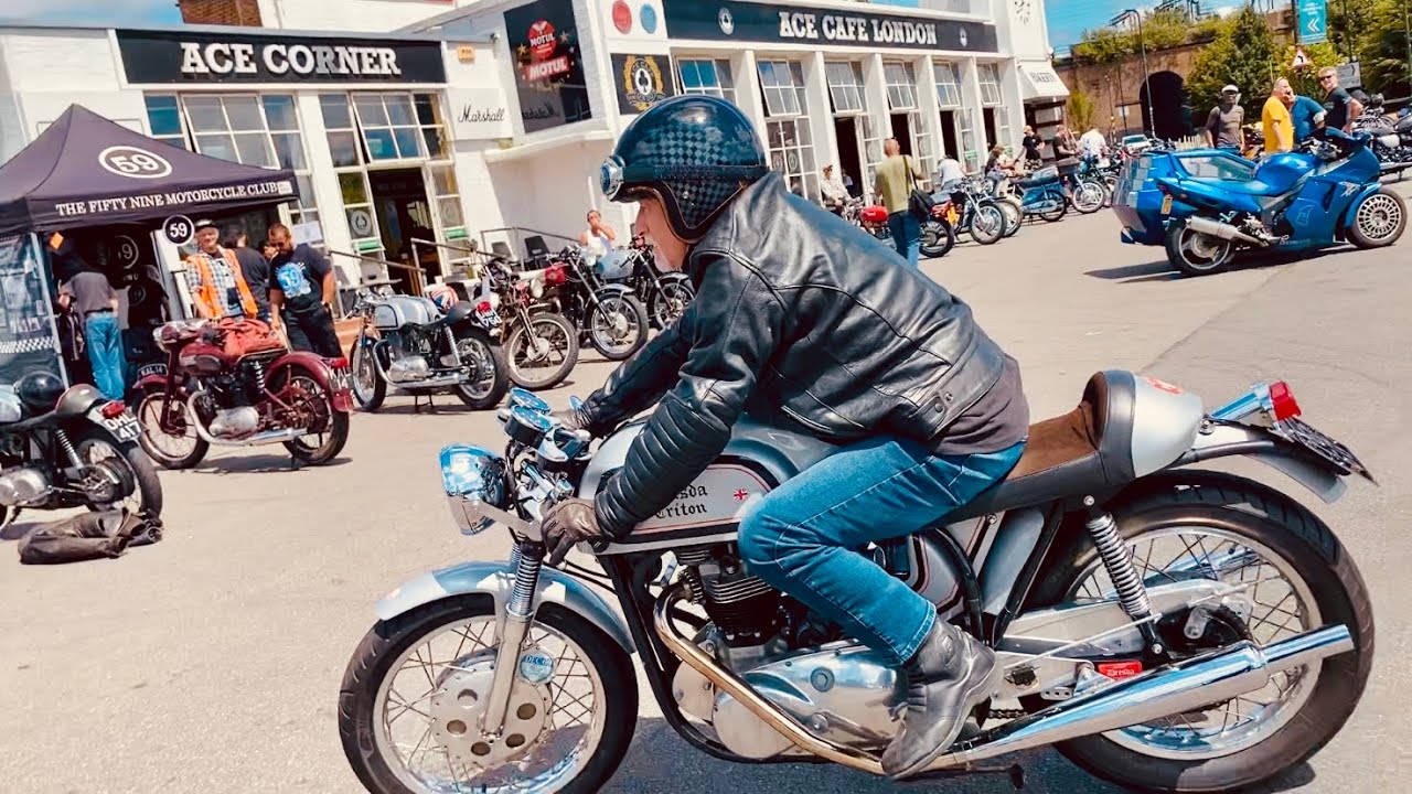 THE ACE CAFE LONDON Motorcycles DRESDA TRITON Triumph & BSA Kick-Starts Bike Engine + Exhaust Sounds