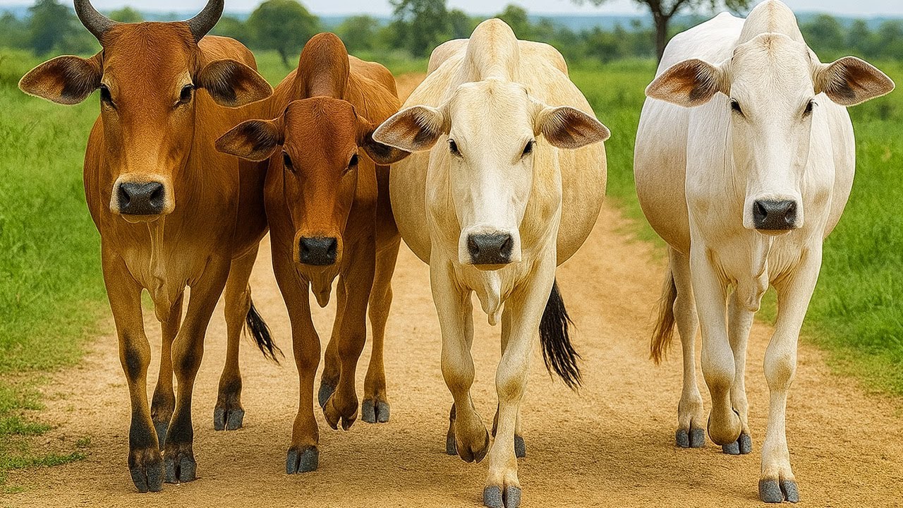 Aktivitas sapi berjalan dengan ceria menuju ladang, Suara Sapi Moo, Kawanan sapi lucu di jalan desa